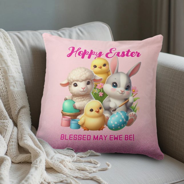 Hoppy Påsk Cute Bunny Chick Lamb Painting Eggs Kudde (Hoppy Easter Throw Pillow Cover Photo)