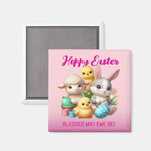 Hoppy Påsk Cute Bunny Chick Lamb Painting Eggs Magnet (Front/Back)