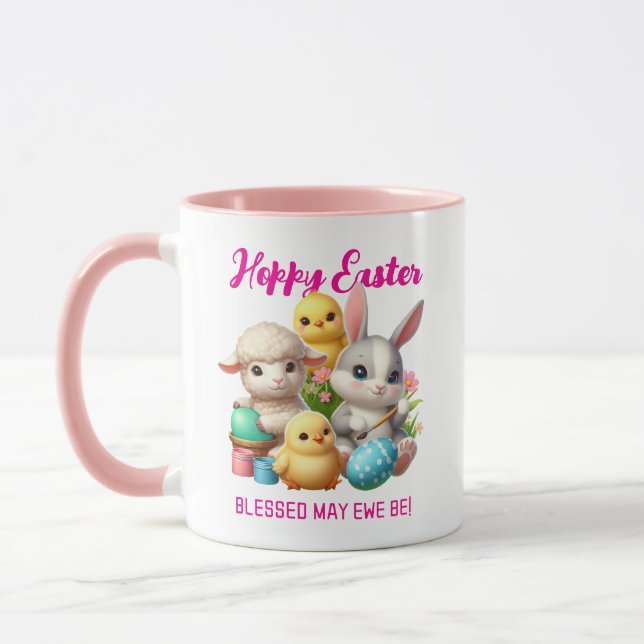 Hoppy Påsk Cute Bunny Chick Lamb Painting Eggs Mugg (Vänster)