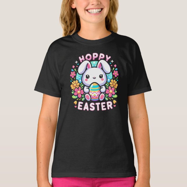 Hoppy Påsk - Cute Bunny med färgstarka ägg T Shirt (Framsida)