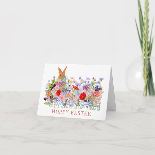 Hoppy Påsk Cute Bunny och Boho Wildblommor Kort (Framsida)