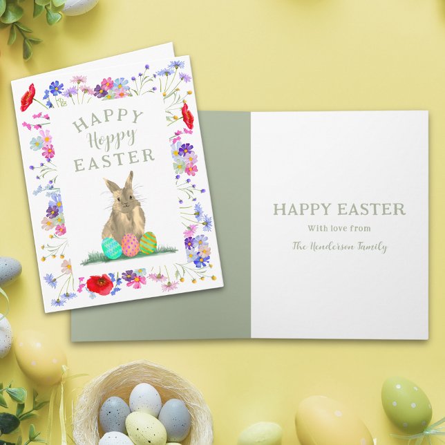 Hoppy Påsk Cute Bunny och Eggs Blommigt Kort (Personalized happy hoppy Easter cute bunny watercolor wildflower spring floral folded holiday card)