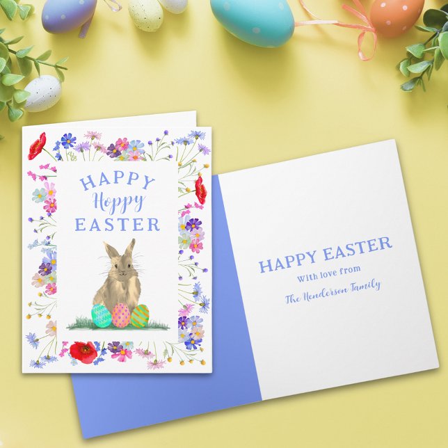 Hoppy Påsk Cute Bunny och Eggs Boho Blommigt Kort (Personalized happy hoppy Easter cute bunny watercolor wildflower spring floral folded holiday card)