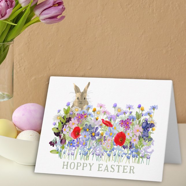Hoppy Påsk Cute Bunny och Wildblommor Kort (Hoppy Easter bunny and wildflower watercolor custom folded holiday greetings card)