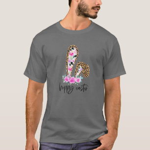 Hoppy Påsk Leopard Bunny Öron Blommigt Lycklig Eas T Shirt