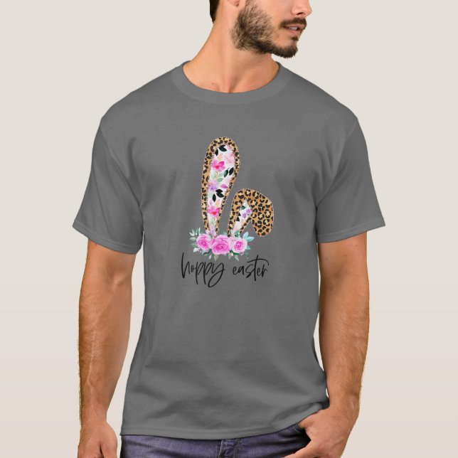 Hoppy Påsk Leopard Bunny Öron Blommigt Lycklig Eas T Shirt (Framsida)