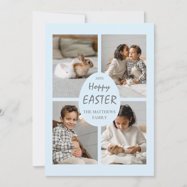 Hoppy Påsk Photo Card. Ljust Blue Egg and Back. Julkort (Framsida)