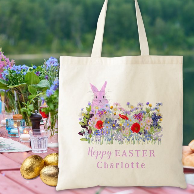 Hoppy Påskägg Hunt Rosa Bunny Wildblommor Namn Tygkasse (Personalized girl name easter egg hunt cute pink bunny wildflower meadow floral garden party tote )