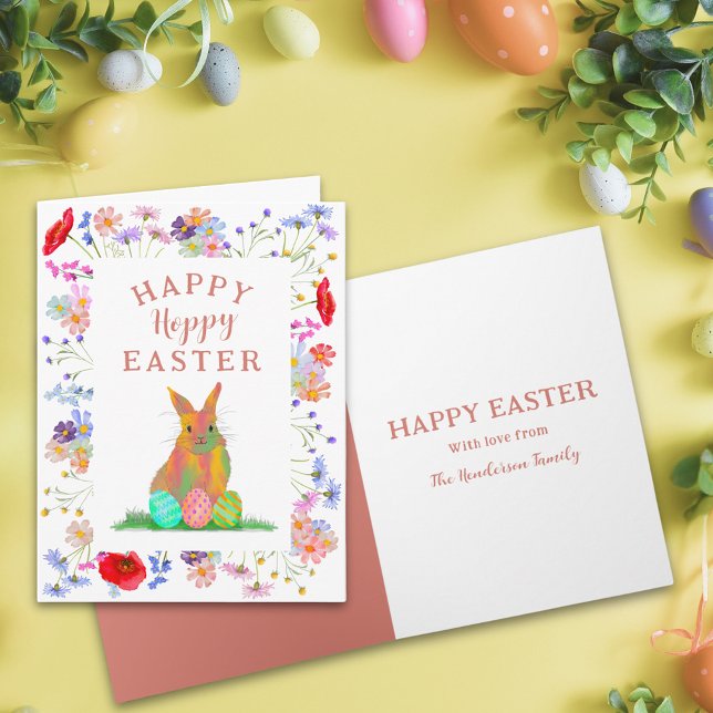 Hoppy Påskhare and Eggs Blommigt Kort (Personalized happy hoppy Easter cute bunny watercolor colorful spring floral folded greetings card)