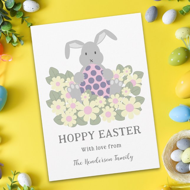 Hoppy Påskhare Blommigt Julkort (Personalized cute hoppy Easter bunny floral holiday greetings card)