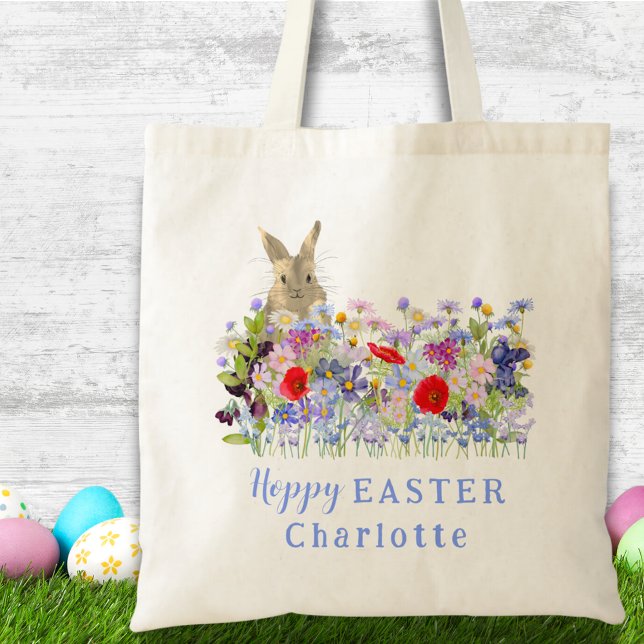 Hoppy Påskhare Egg Hunt Anpassningsbar Tygkasse (Easter brunch and egg hunt custom tote bag with cute Easter bunny and watercolor florals)