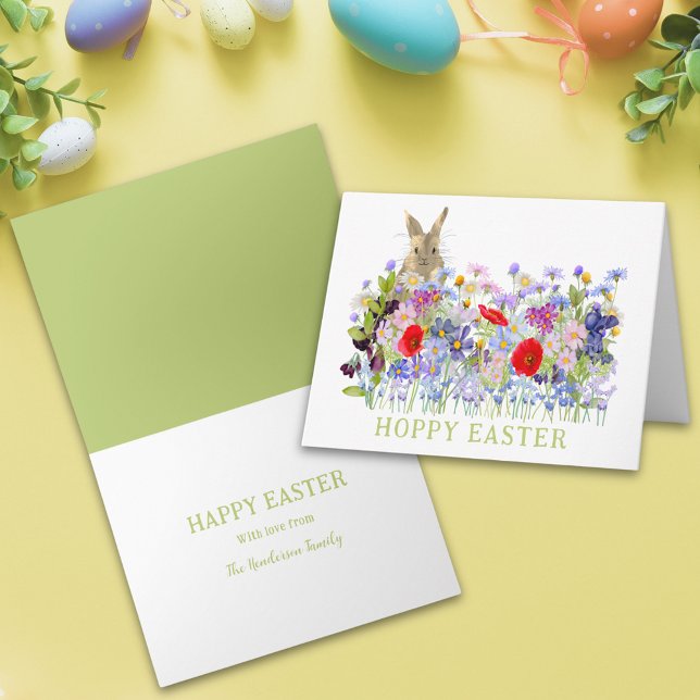 Hoppy Påskhare och Wildblommor Boho Kort (Personalized hoppy easter cute bunny watercolor wildflower meadow spring floral holiday card)
