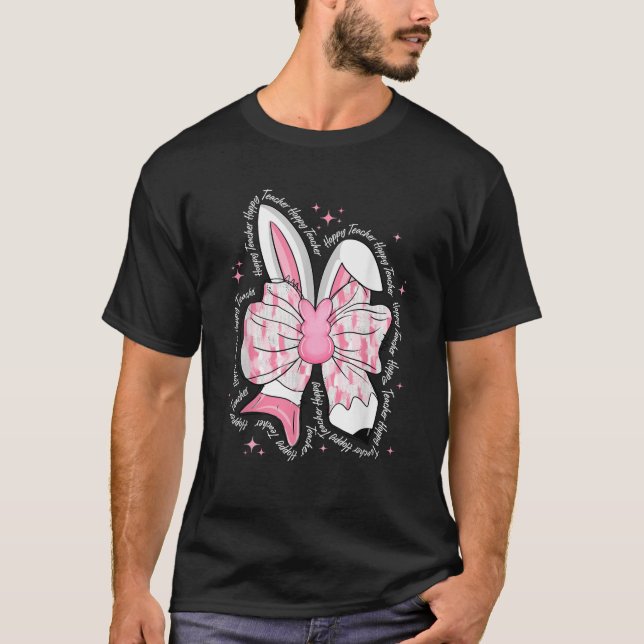 Hoppy Teacher Pencil Coquette Bow Bunny Lycklig Ös T Shirt (Framsida)