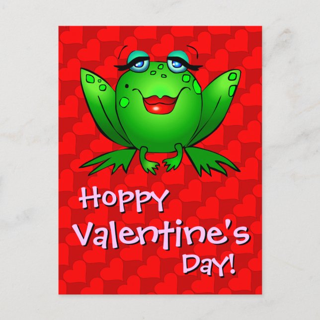 Hoppy Valentines day Red Hearts Dam Frog Postcard Helg Vykort (Framsida)