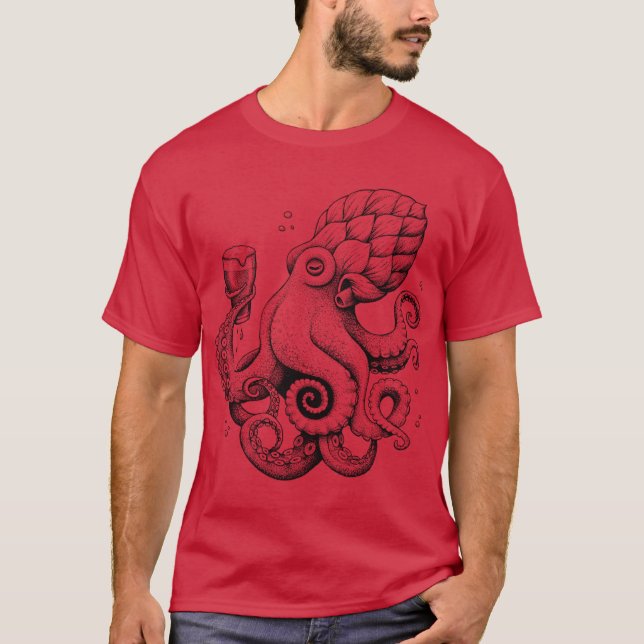 Hoptopushe Beer Drinking Octopus T Shirt (Framsida)