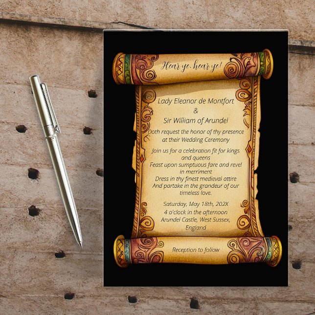 Hör Medeltida Rulla Ornament Bröllop Inbjudningar (Hear Ye Medieval Scroll Ornate Wedding Invitation)