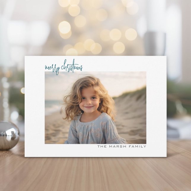 Horisontell fotografi blå chevron vit kant minimal julkort (Modern, minimal Holiday Greeting Card)