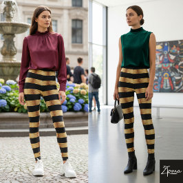 Horisontell randig svart guld metallisk glansig leggings