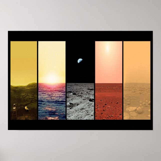 Horisontell vy över venus Earth måne mars titan Poster (Framsidan)