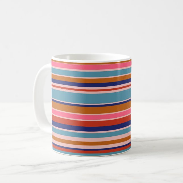 Horisontella ränder blå rosa terrakotta retro  kaffemugg (Framsida vänster)