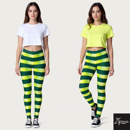 Horisontellt randigt gult grönt glänsande mönster leggings