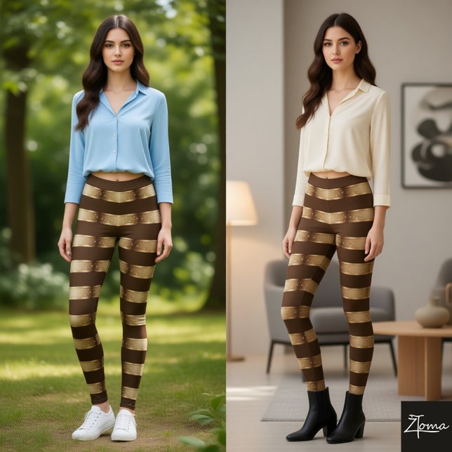 Horizontal Stripe Brown Champagne Metallic Glossy Leggings (Skapare uppladdad)