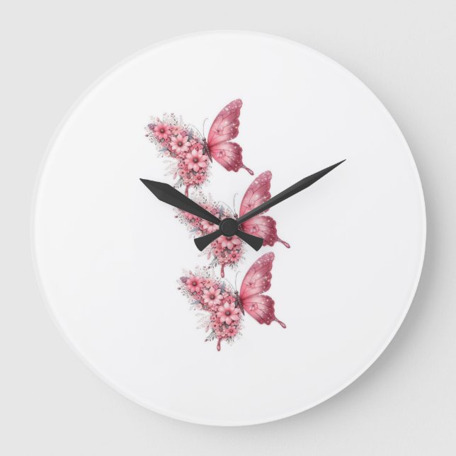 Horloge Murale Papillons Roses & Fleurs – Design F Stor Klocka (Framsida)