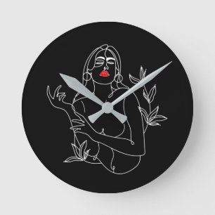 Horloge Ronde Line Art-illustration. Femme en noir Rund Klocka