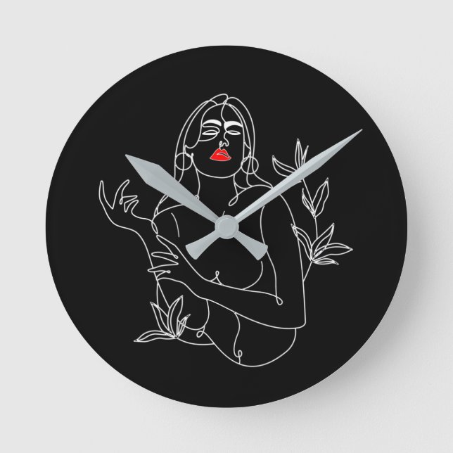 Horloge Ronde Line Art-illustration. Femme en noir Rund Klocka (Framsida)