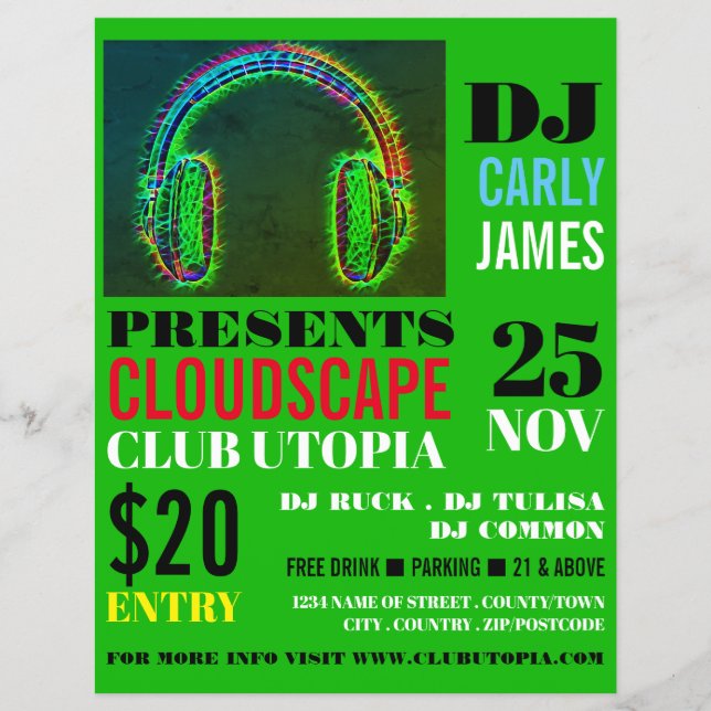 Hörlurar, DJ, Klubb Event Advertising Flyer (Framsidan)