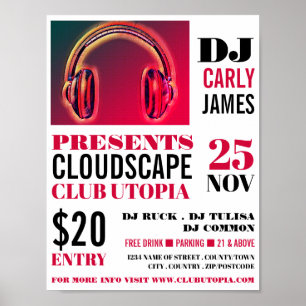 Hörlurar, DJ, Klubb Event Advertising Poster