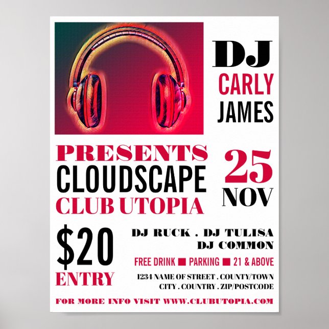 Hörlurar, DJ, Klubb Event Advertising Poster (Framsidan)