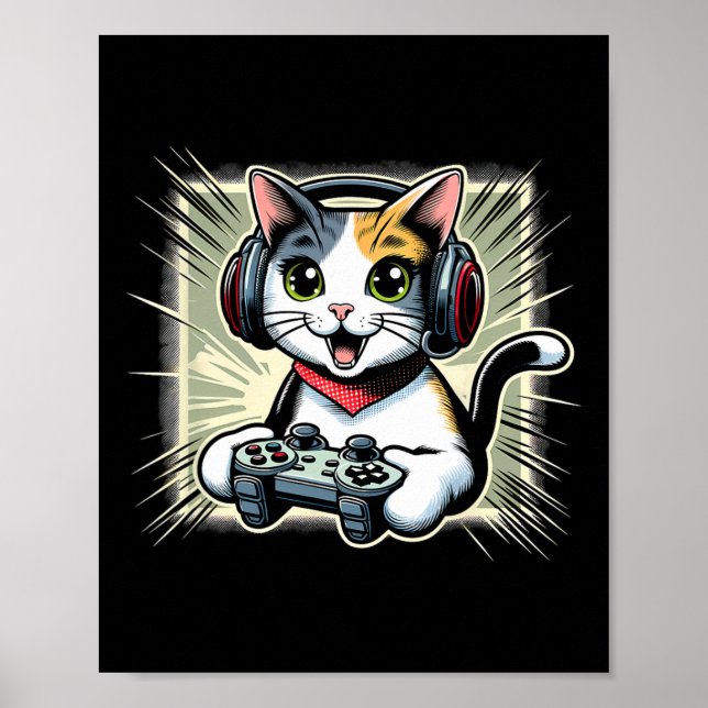 Hörlurar TV-spel Japansk Bobtail Katt Gaming  Poster (Framsidan)