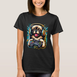 Hörlurar TV-spel Pekingeser Hund Spelande T Shirt