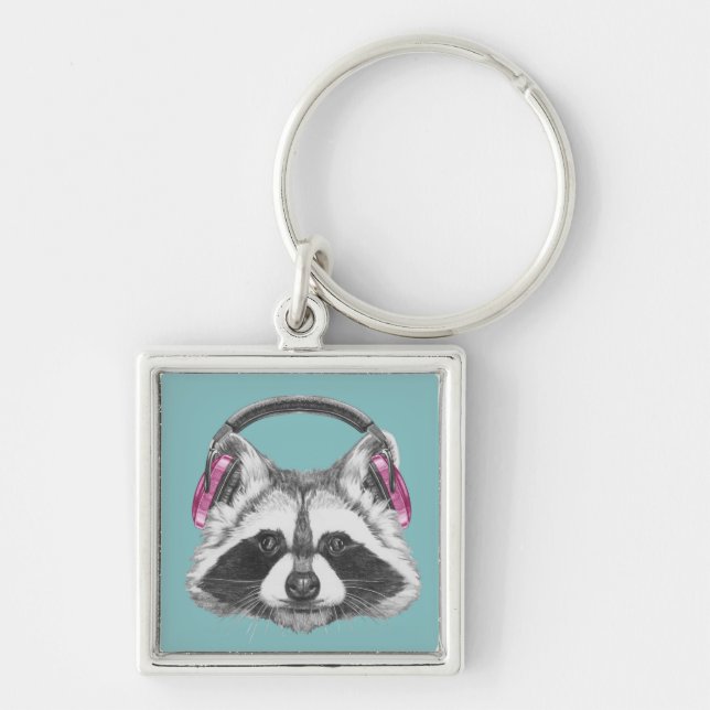 HörlurarRaccoon Fyrkantig Silverfärgad Nyckelring (Framsidan)