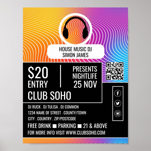 Hörlursmusikvåg Logotyp, Professionell DJ Advert Poster (Framsidan)