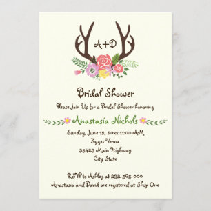Horn & blommor monogram bröllop brud shower inbjudningar