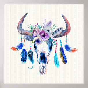 Horn och blommor på Bull Skull Poster