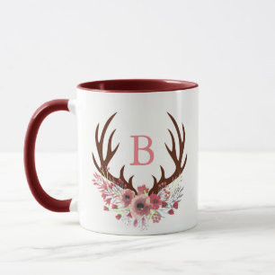 Horn på kronhjort för vattenfärgblommahjort mä mugg