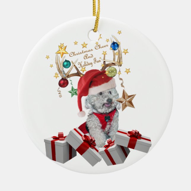 horn på kronhjort, jul och cockapooen julgransprydnad keramik (Framsidan)