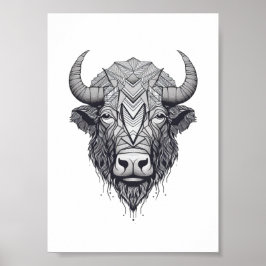 Horned Bison Buffalo Black and White Porträtt Poster