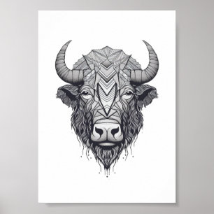 Horned Bison Buffalo Black and White Porträtt Poster