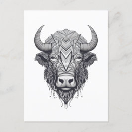 Horned Bison Buffalo Black and White Porträtt Vykort