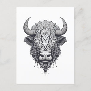 Horned Bison Buffalo Black and White Porträtt Vykort