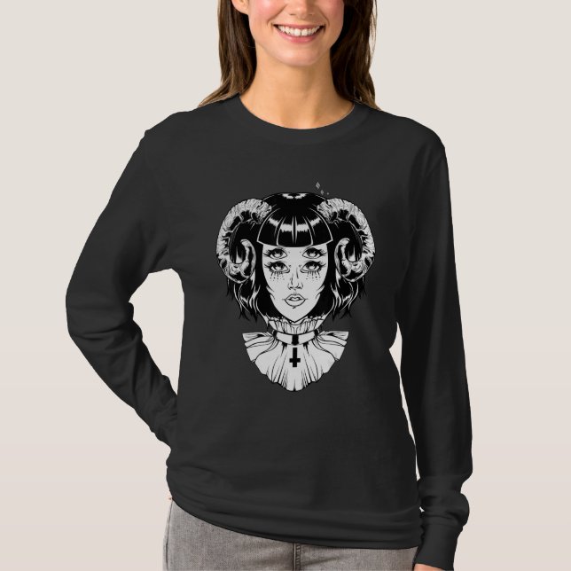 Horned Devil Satanic Halloween Glitch Goth Emo Pun T Shirt (Framsida)