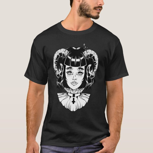 Horned Djävulen Satanic Halloween Glitch Goth Emo  T Shirt (Framsida)