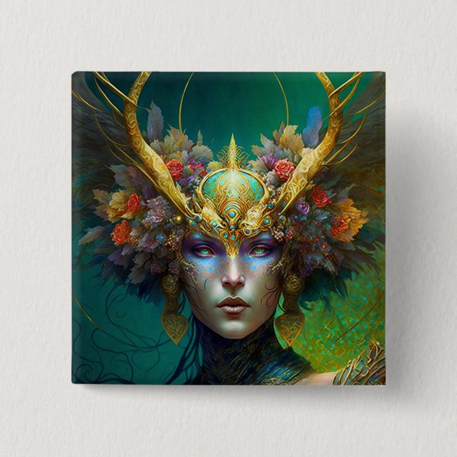 Horned Elf Woman Fantasy Art Button Knapp (Framsida)