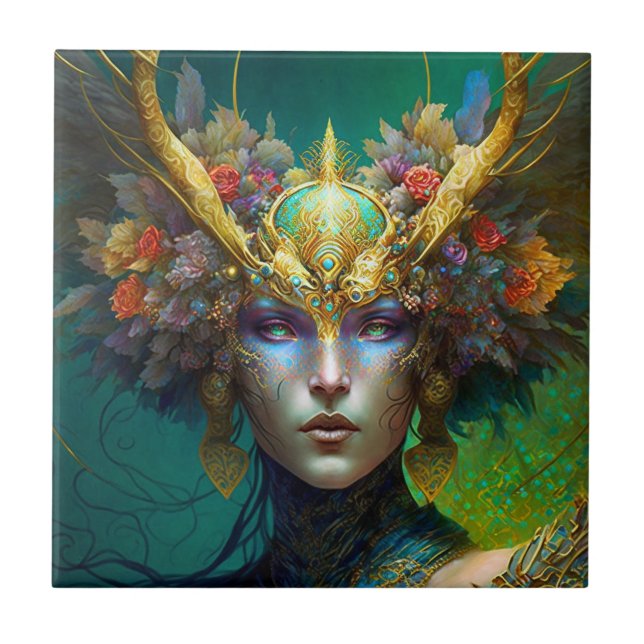 Horned Elf Woman Fantasy Art Ceramic Tile Kakelplatta (Framsidan)