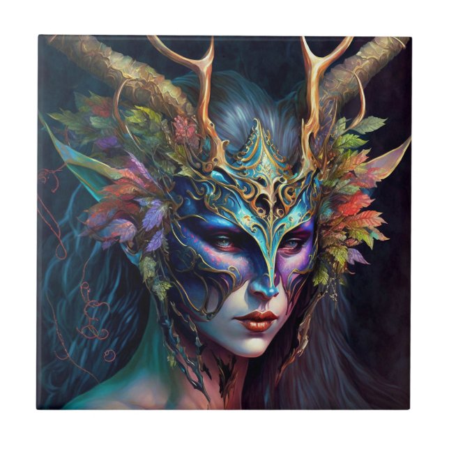 Horned Elf Woman Fantasy Art Ceramic Tile Kakelplatta (Framsidan)