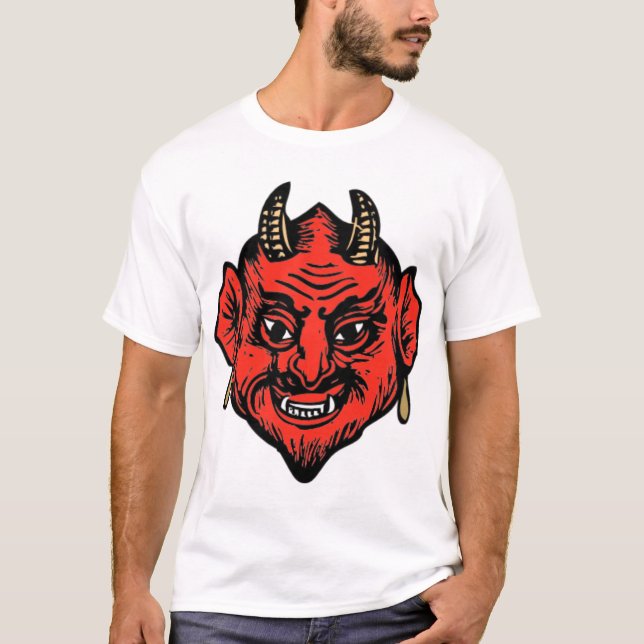 Horned rött Satan djävulenansikte Tee Shirt (Framsida)